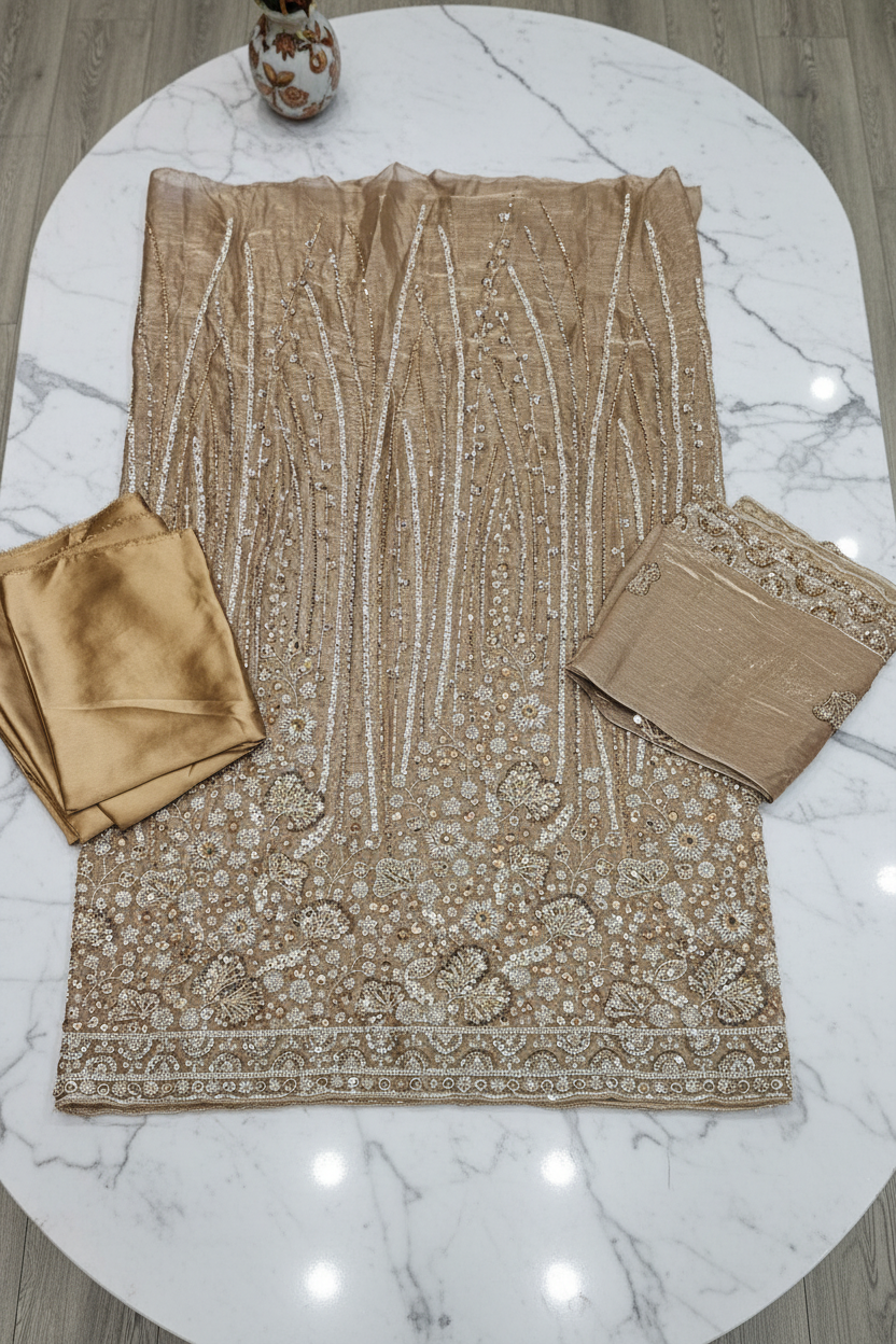 Heavy Embroidered Unstitched Pure Silk Suit for Women | Zari, Sequins, Pearl and Stone Work| 11 Colour Options