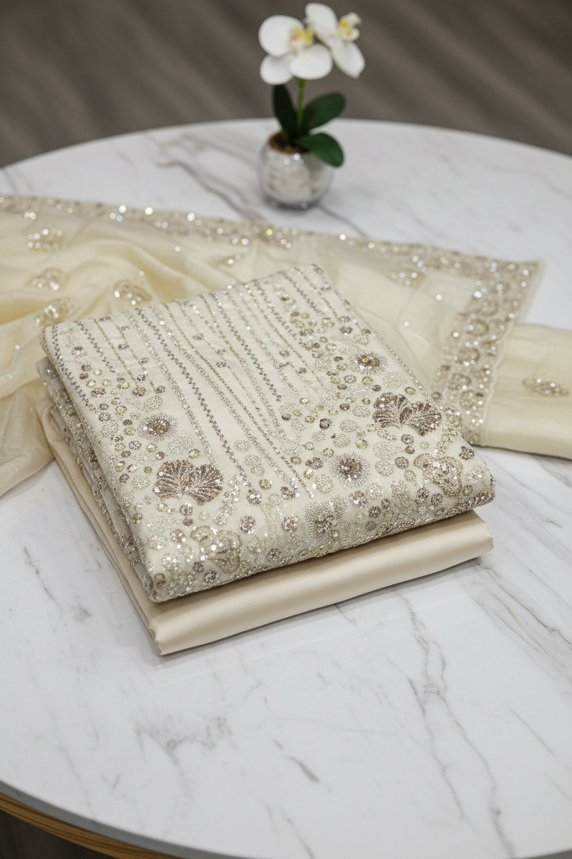 Heavy Embroidered Unstitched Pure Silk Suit for Women | Zari, Sequins, Pearl and Stone Work| 11 Colour Options