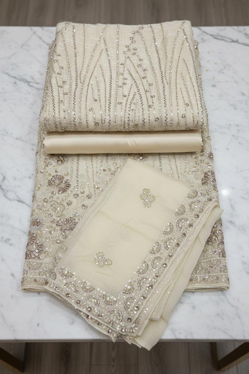 Heavy Embroidered Unstitched Pure Silk Suit for Women | Zari, Sequins, Pearl and Stone Work| 11 Colour Options