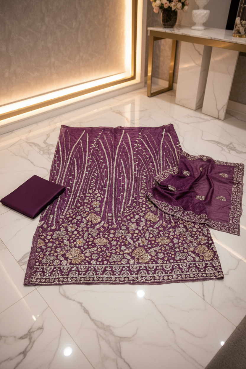 Heavy Embroidered Unstitched Pure Silk Suit for Women | Zari, Sequins, Pearl and Stone Work| 11 Colour Options