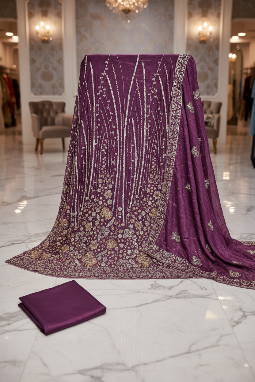 Heavy Embroidered Unstitched Pure Silk Suit for Women | Zari, Sequins, Pearl and Stone Work| 11 Colour Options