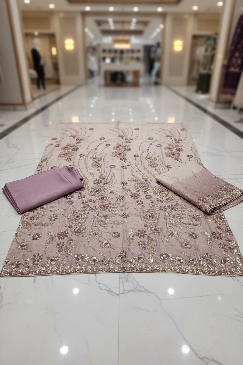 Luxury Shimmer Silk Unstitched Suit – Hand Embellished Pearls, Crystals & Stone Work | Pure Silk Dupatta | 7 Colours
