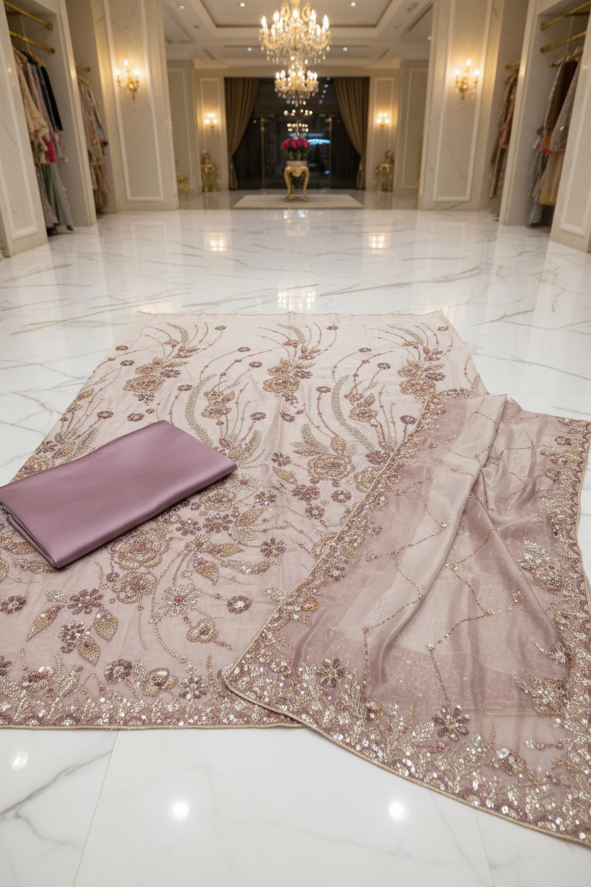Luxury Shimmer Silk Unstitched Suit – Hand Embellished Pearls, Crystals & Stone Work | Pure Silk Dupatta | 7 Colours