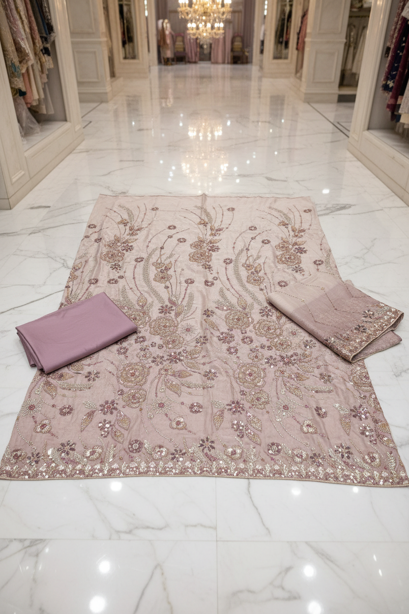Luxury Shimmer Silk Unstitched Suit – Hand Embellished Pearls, Crystals & Stone Work | Pure Silk Dupatta | 7 Colours