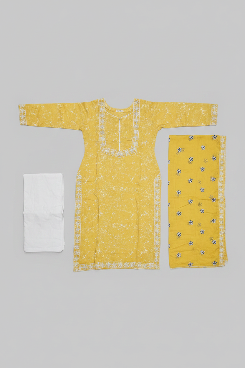 Bright Yellow Festive Ensemble | Linen with White Texture | Embroidered Dupatta | Plain Trouser