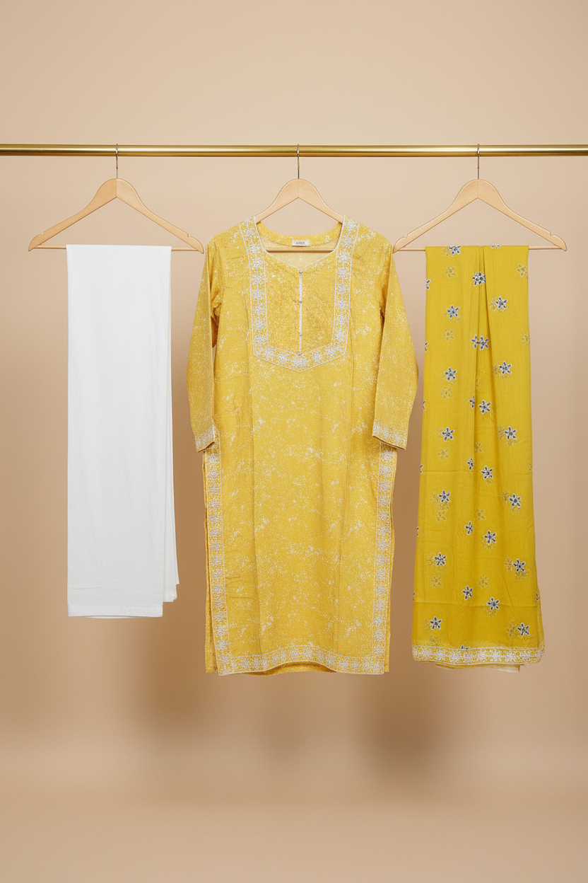 Bright Yellow Festive Ensemble | Linen with White Texture | Embroidered Dupatta | Plain Trouser