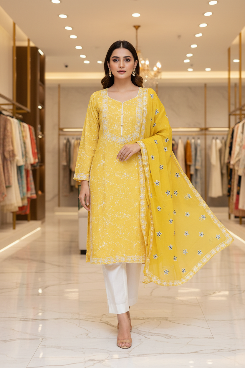 Bright Yellow Festive Ensemble | Linen with White Texture | Embroidered Dupatta | Plain Trouser