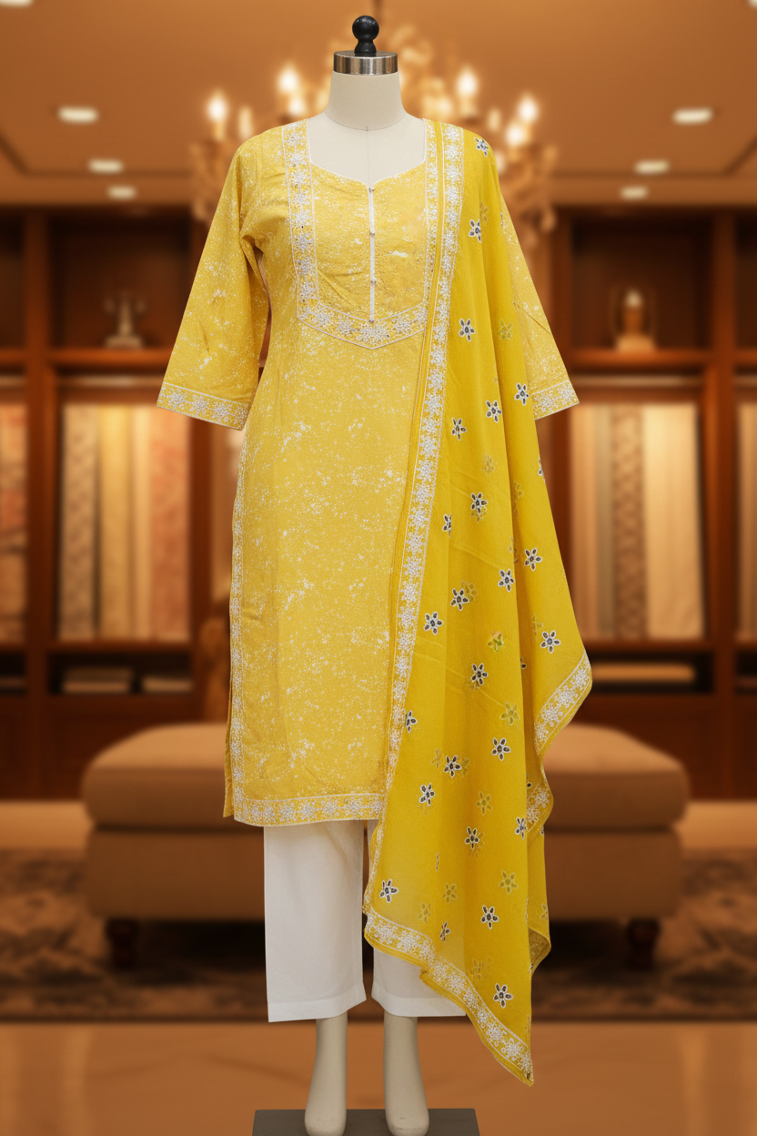 Bright Yellow Festive Ensemble | Linen with White Texture | Embroidered Dupatta | Plain Trouser