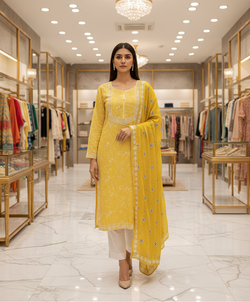 Bright Yellow Festive Ensemble | Linen with White Texture | Embroidered Dupatta | Plain Trouser