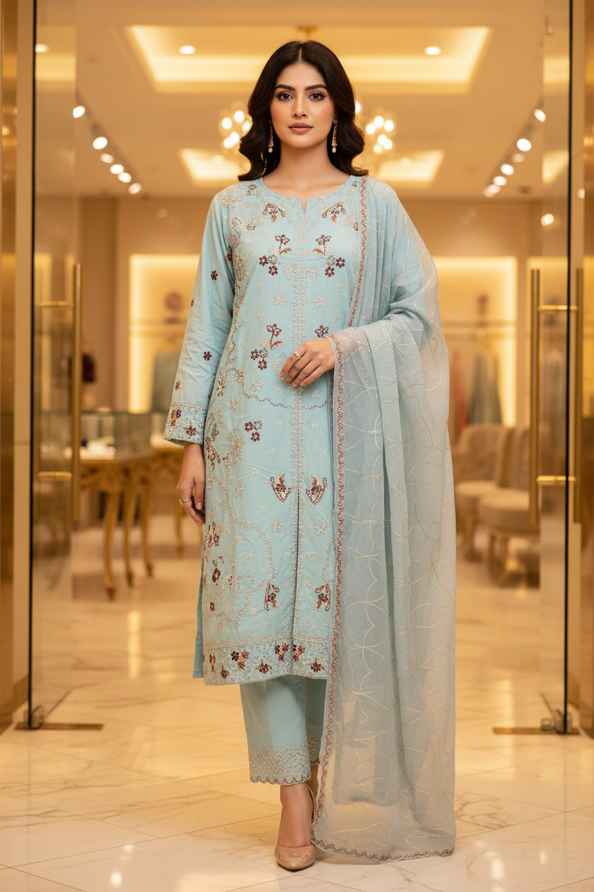 QMR Open Front Luxe: Heavy Embroidered Linen Kameez, Chiffon Dupatta & Embroidered Hem Trouser – 4 Shades