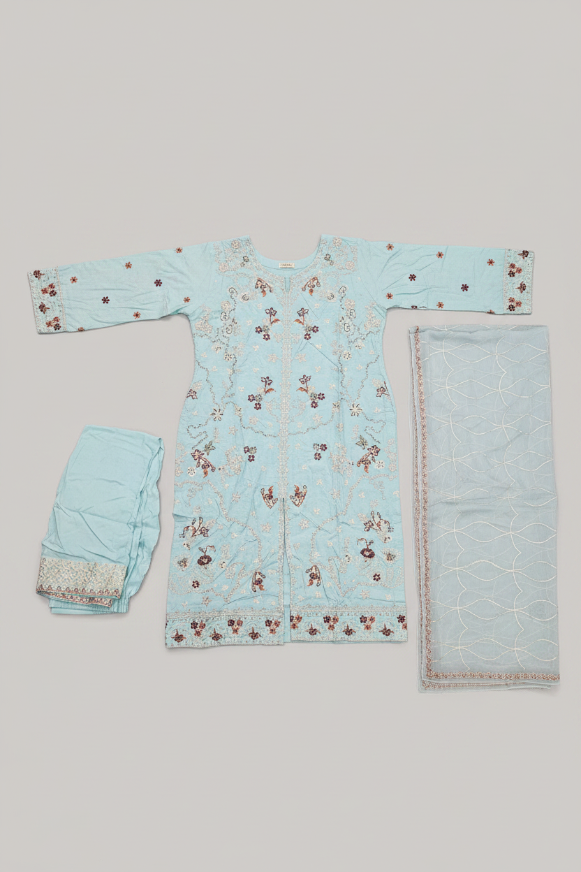 QMR Open Front Luxe: Heavy Embroidered Linen Kameez, Chiffon Dupatta & Embroidered Hem Trouser – 4 Shades