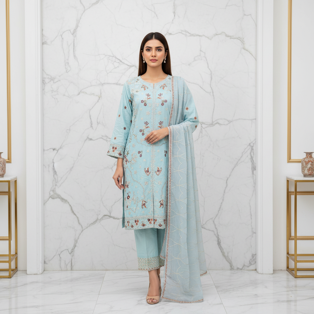 QMR Open Front Luxe: Heavy Embroidered Linen Kameez, Chiffon Dupatta & Embroidered Hem Trouser – 4 Shades