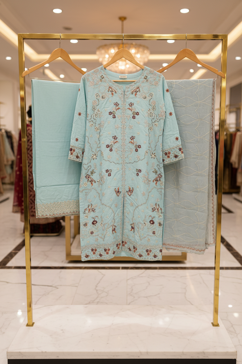 QMR Open Front Luxe: Heavy Embroidered Linen Kameez, Chiffon Dupatta & Embroidered Hem Trouser – 4 Shades