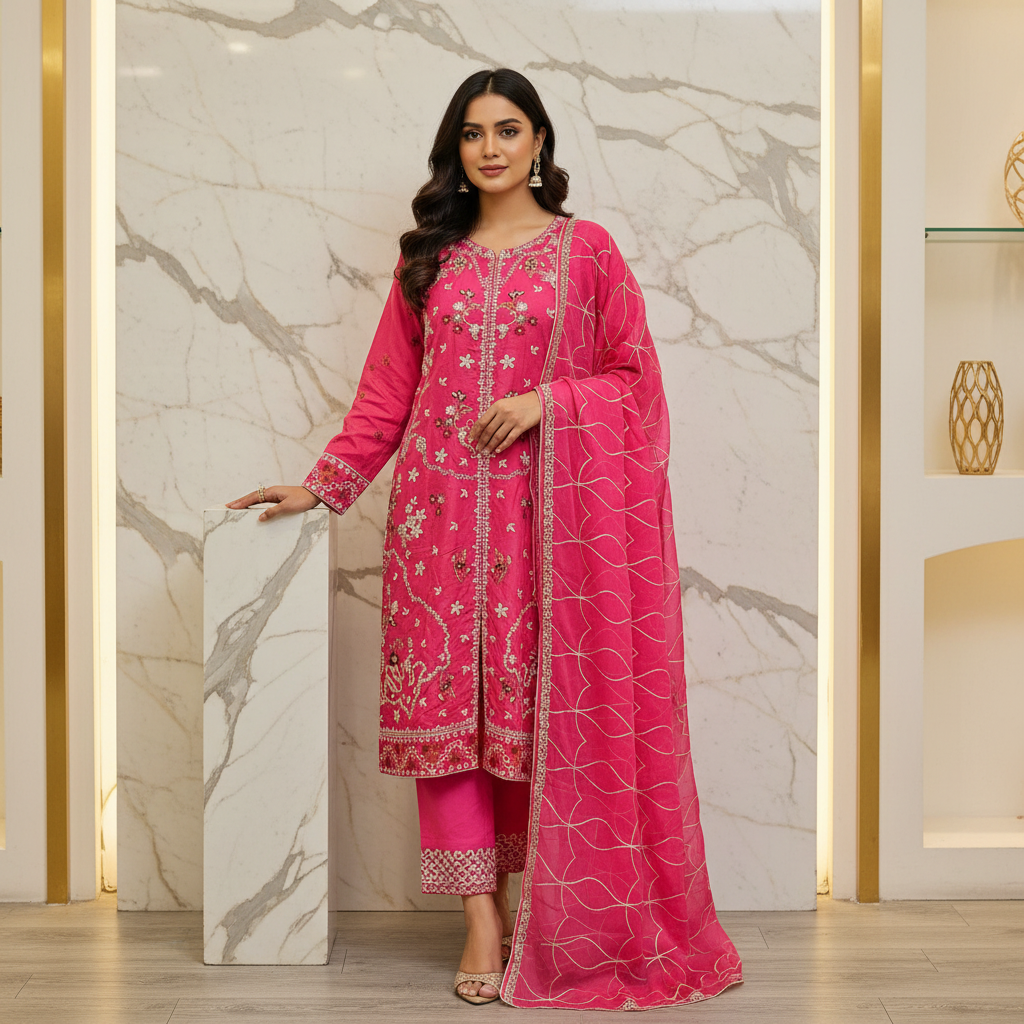 QMR Open Front Luxe: Heavy Embroidered Linen Kameez, Chiffon Dupatta & Embroidered Hem Trouser – 4 Shades