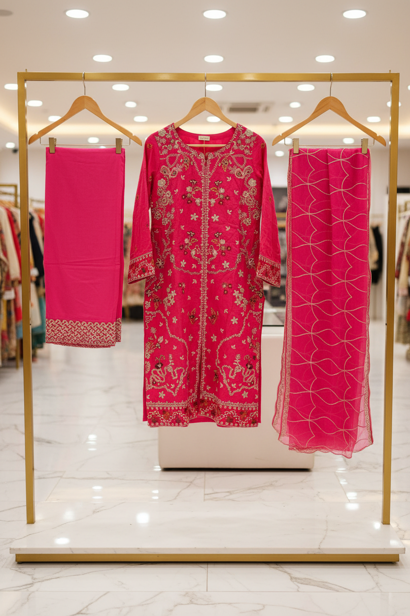 QMR Open Front Luxe: Heavy Embroidered Linen Kameez, Chiffon Dupatta & Embroidered Hem Trouser – 4 Shades