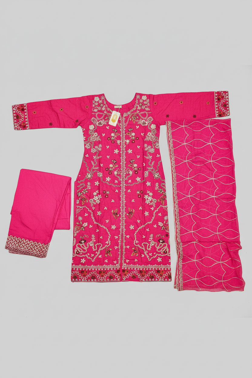 QMR Open Front Luxe: Heavy Embroidered Linen Kameez, Chiffon Dupatta & Embroidered Hem Trouser – 4 Shades