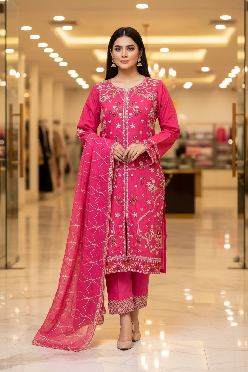 QMR Open Front Luxe: Heavy Embroidered Linen Kameez, Chiffon Dupatta & Embroidered Hem Trouser – 4 Shades