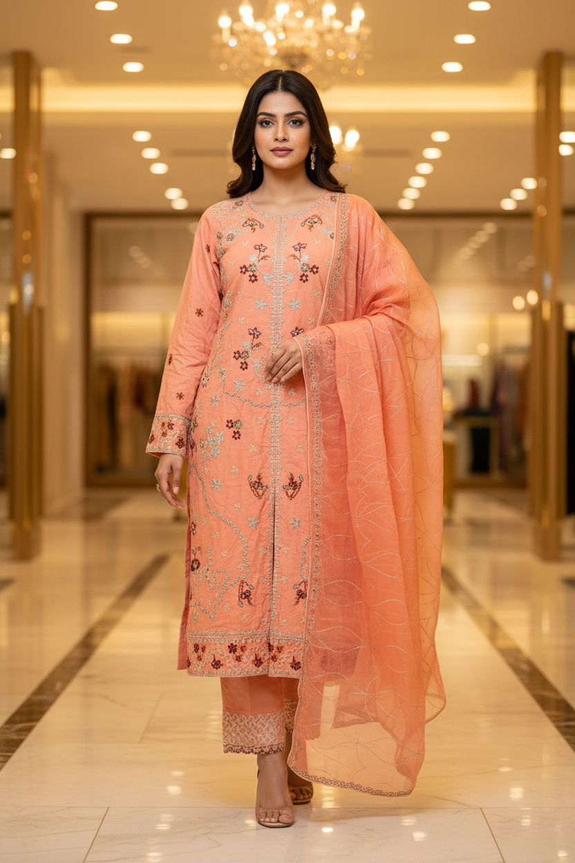 QMR Open Front Luxe: Heavy Embroidered Linen Kameez, Chiffon Dupatta & Embroidered Hem Trouser – 4 Shades