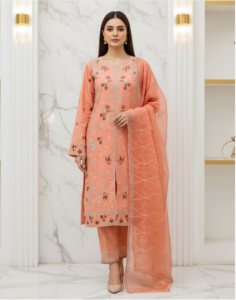 QMR Open Front Luxe: Heavy Embroidered Linen Kameez, Chiffon Dupatta & Embroidered Hem Trouser – 4 Shades
