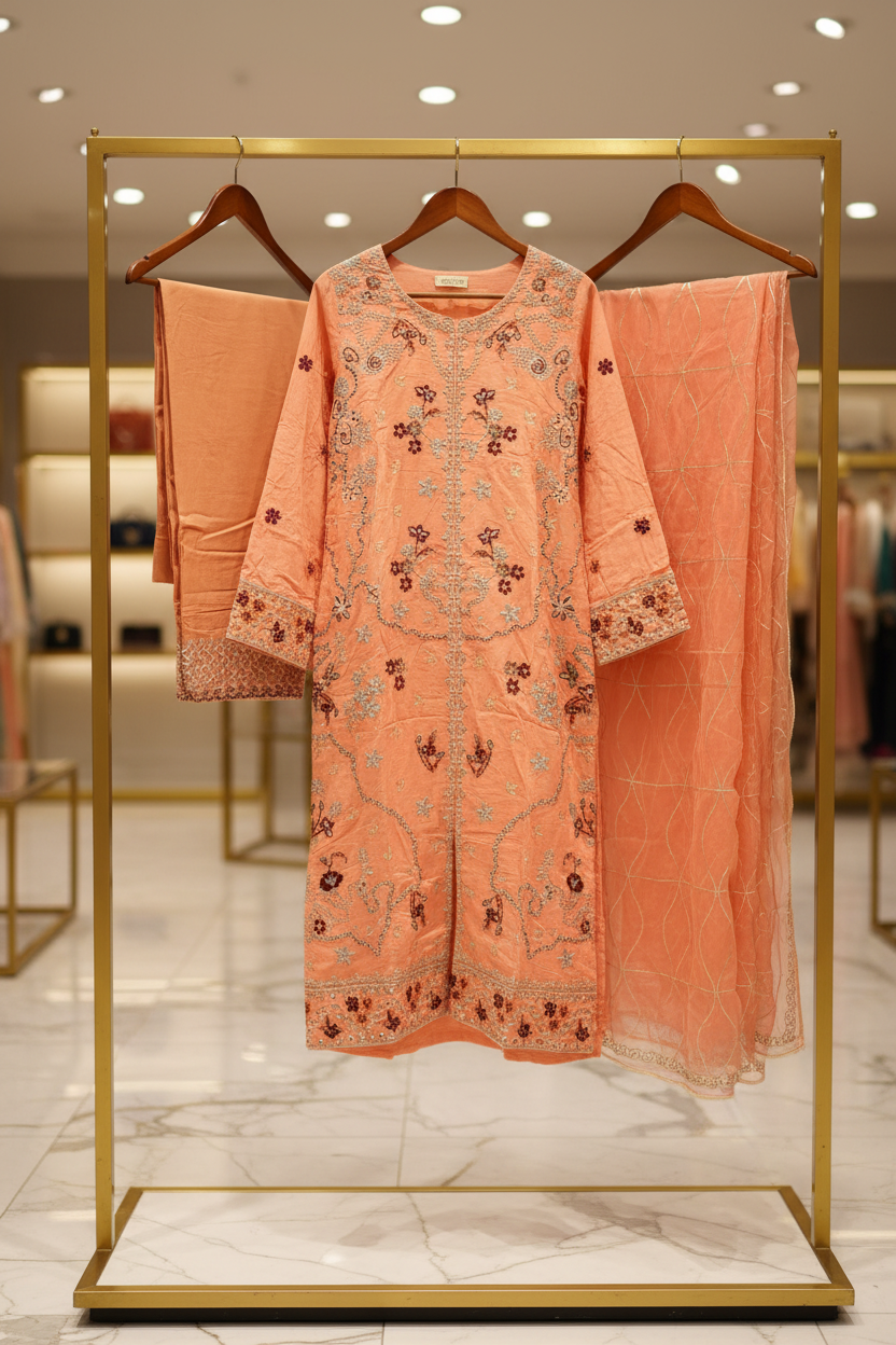 QMR Open Front Luxe: Heavy Embroidered Linen Kameez, Chiffon Dupatta & Embroidered Hem Trouser – 4 Shades