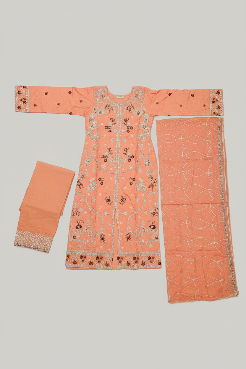 QMR Open Front Luxe: Heavy Embroidered Linen Kameez, Chiffon Dupatta & Embroidered Hem Trouser – 4 Shades