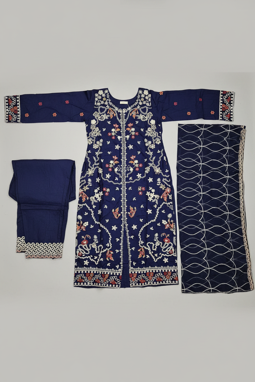 QMR Open Front Luxe: Heavy Embroidered Linen Kameez, Chiffon Dupatta & Embroidered Hem Trouser – 4 Shades