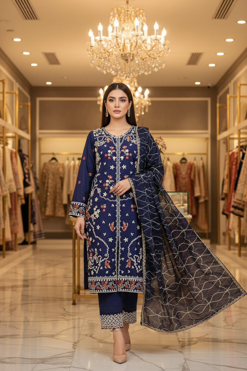 QMR Open Front Luxe: Heavy Embroidered Linen Kameez, Chiffon Dupatta & Embroidered Hem Trouser – 4 Shades