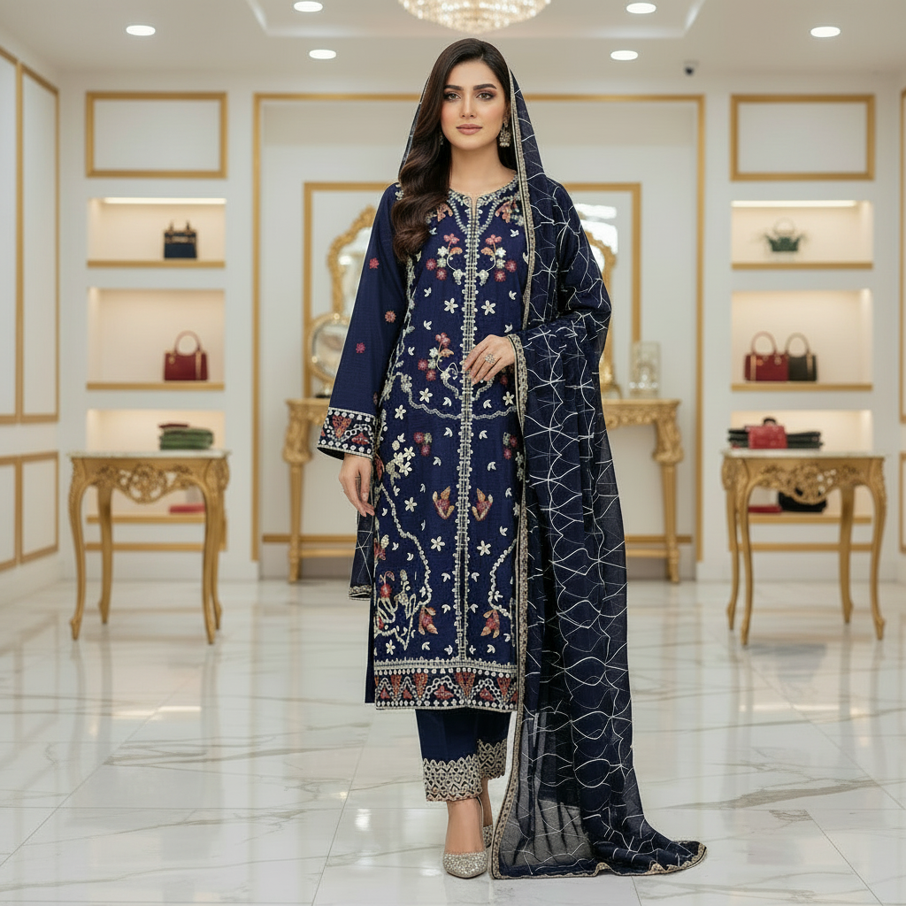 QMR Open Front Luxe: Heavy Embroidered Linen Kameez, Chiffon Dupatta & Embroidered Hem Trouser – 4 Shades
