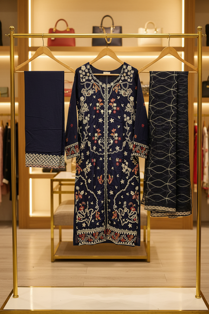 QMR Open Front Luxe: Heavy Embroidered Linen Kameez, Chiffon Dupatta & Embroidered Hem Trouser – 4 Shades