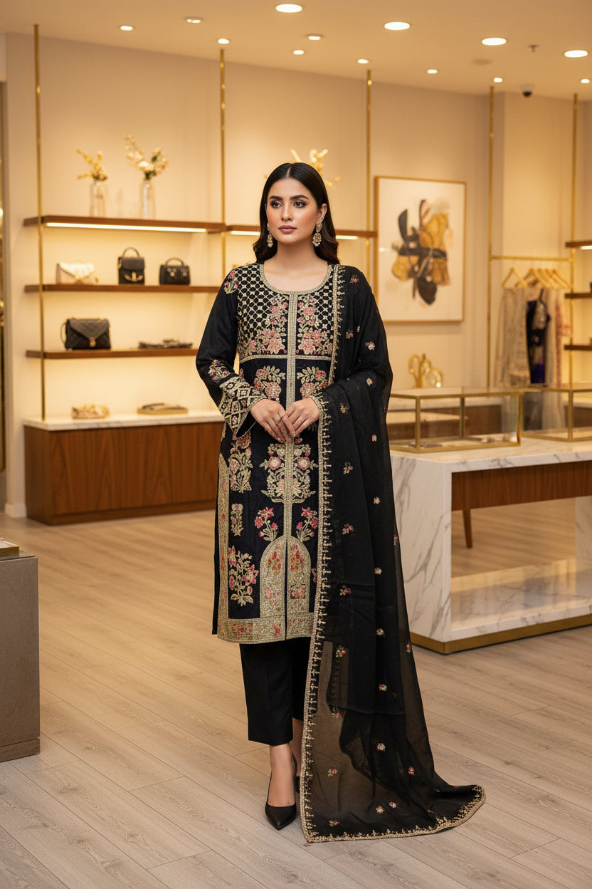 ETHN Luxury Linen Viscose Front Open Suit Colour Trio– Metallic Gray, Pine Green ,Vivid Sky Blue Embroidered Suit for Festive Eid Wear