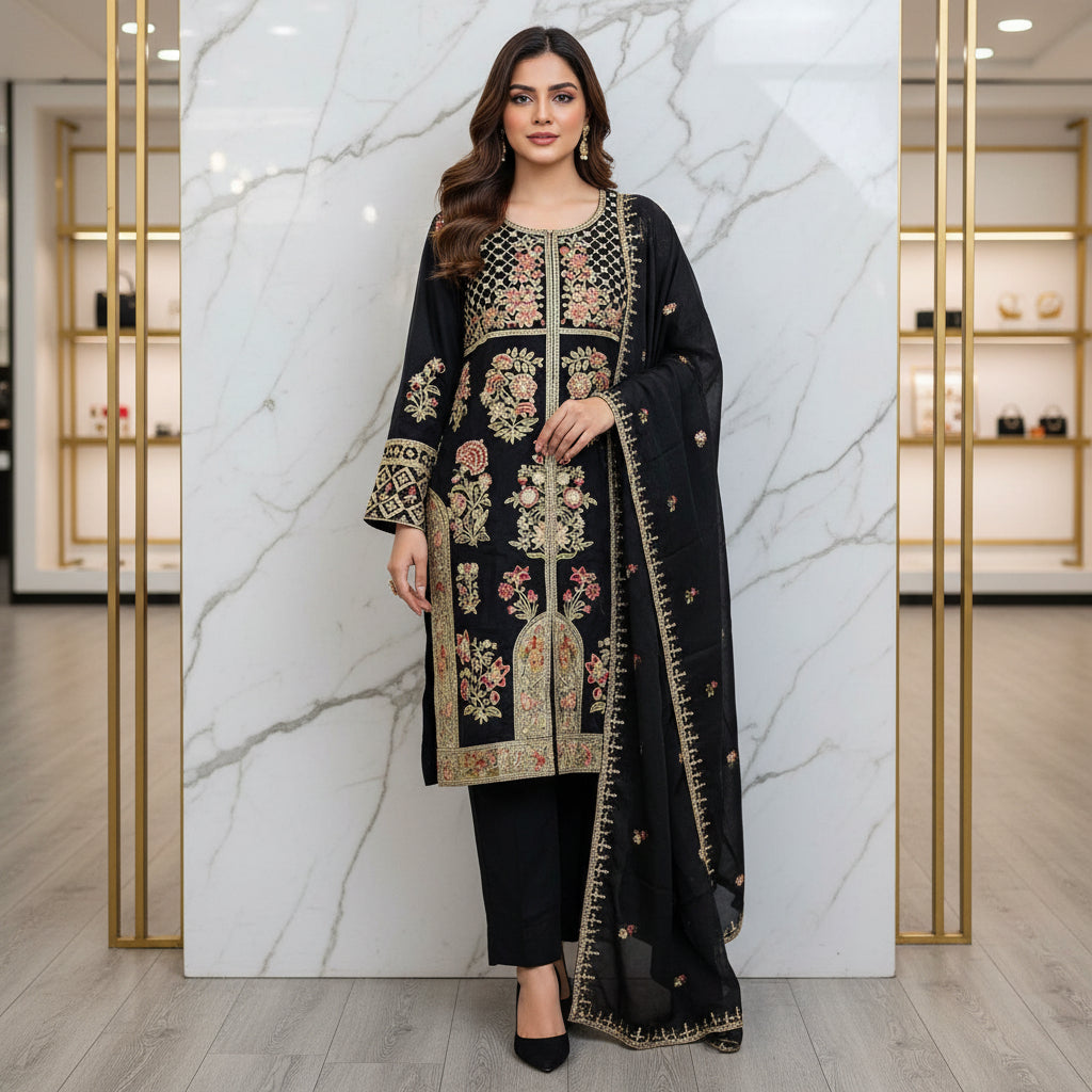 ETHN Luxury Linen Viscose Front Open Suit Colour Trio– Metallic Gray, Pine Green ,Vivid Sky Blue Embroidered Suit for Festive Eid Wear