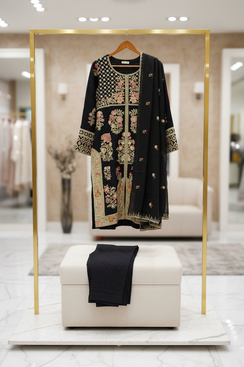 ETHN Luxury Linen Viscose Front Open Suit Colour Trio– Metallic Gray, Pine Green ,Vivid Sky Blue Embroidered Suit for Festive Eid Wear