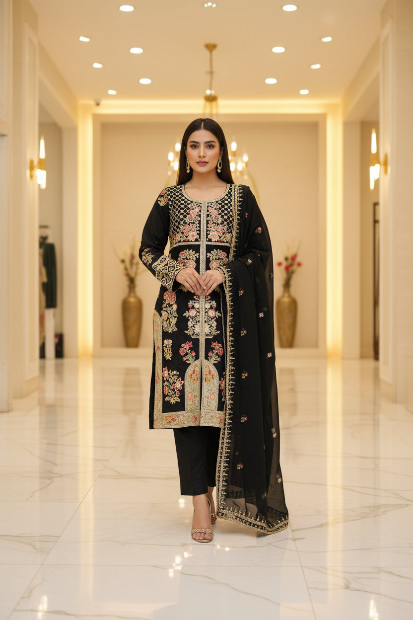 ETHN Luxury Linen Viscose Front Open Suit Colour Trio– Metallic Gray, Pine Green ,Vivid Sky Blue Embroidered Suit for Festive Eid Wear