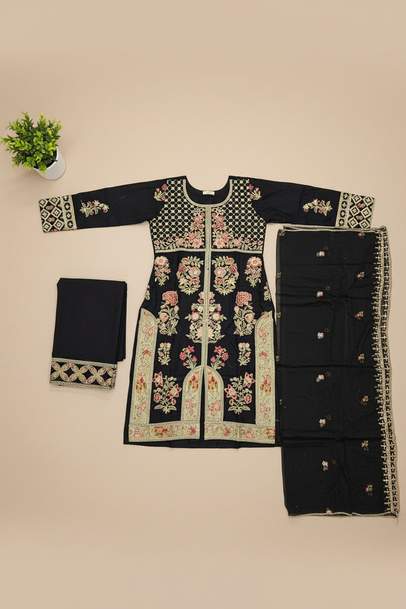 ETHN Luxury Linen Viscose Front Open Suit Colour Trio– Metallic Gray, Pine Green ,Vivid Sky Blue Embroidered Suit for Festive Eid Wear