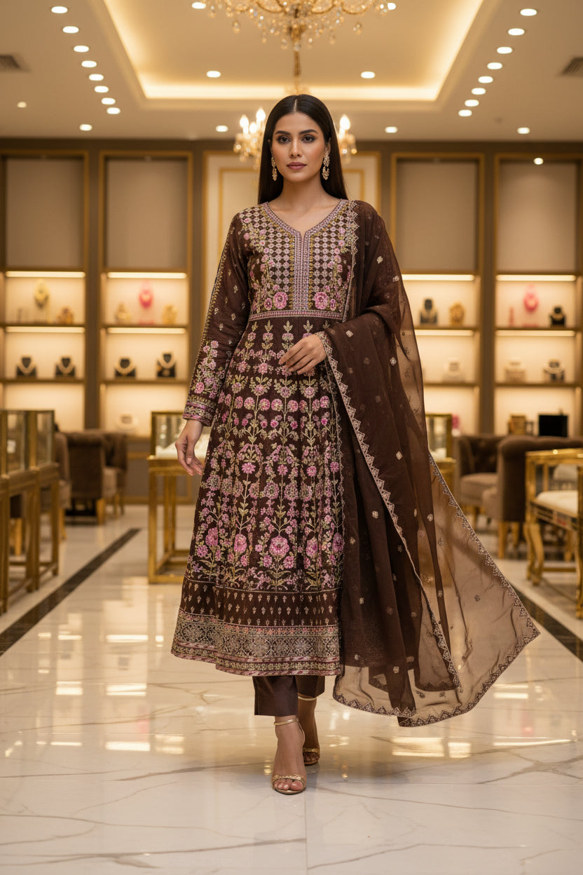 The ETHN Secret Garden: Fully Embroidered Linen Dress with Dupatta & Embroidered Hem Trousers – 4 Deep Rich Colourways | S to 8XL