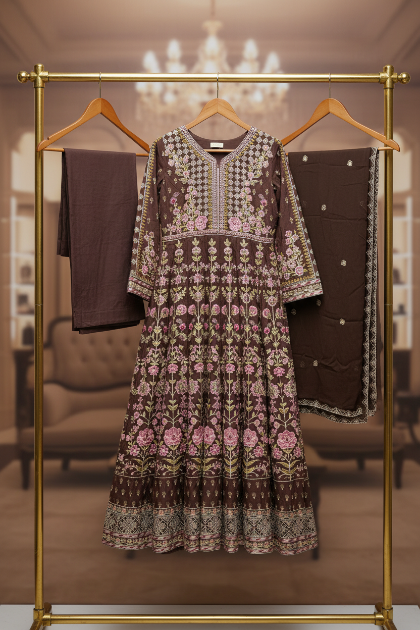 The ETHN Secret Garden: Fully Embroidered Linen Dress with Dupatta & Embroidered Hem Trousers – 4 Deep Rich Colourways | S to 8XL