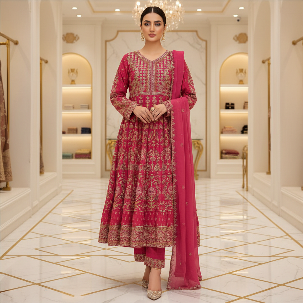 The ETHN Secret Garden: Fully Embroidered Linen Dress with Dupatta & Embroidered Hem Trousers – 4 Deep Rich Colourways | S to 8XL