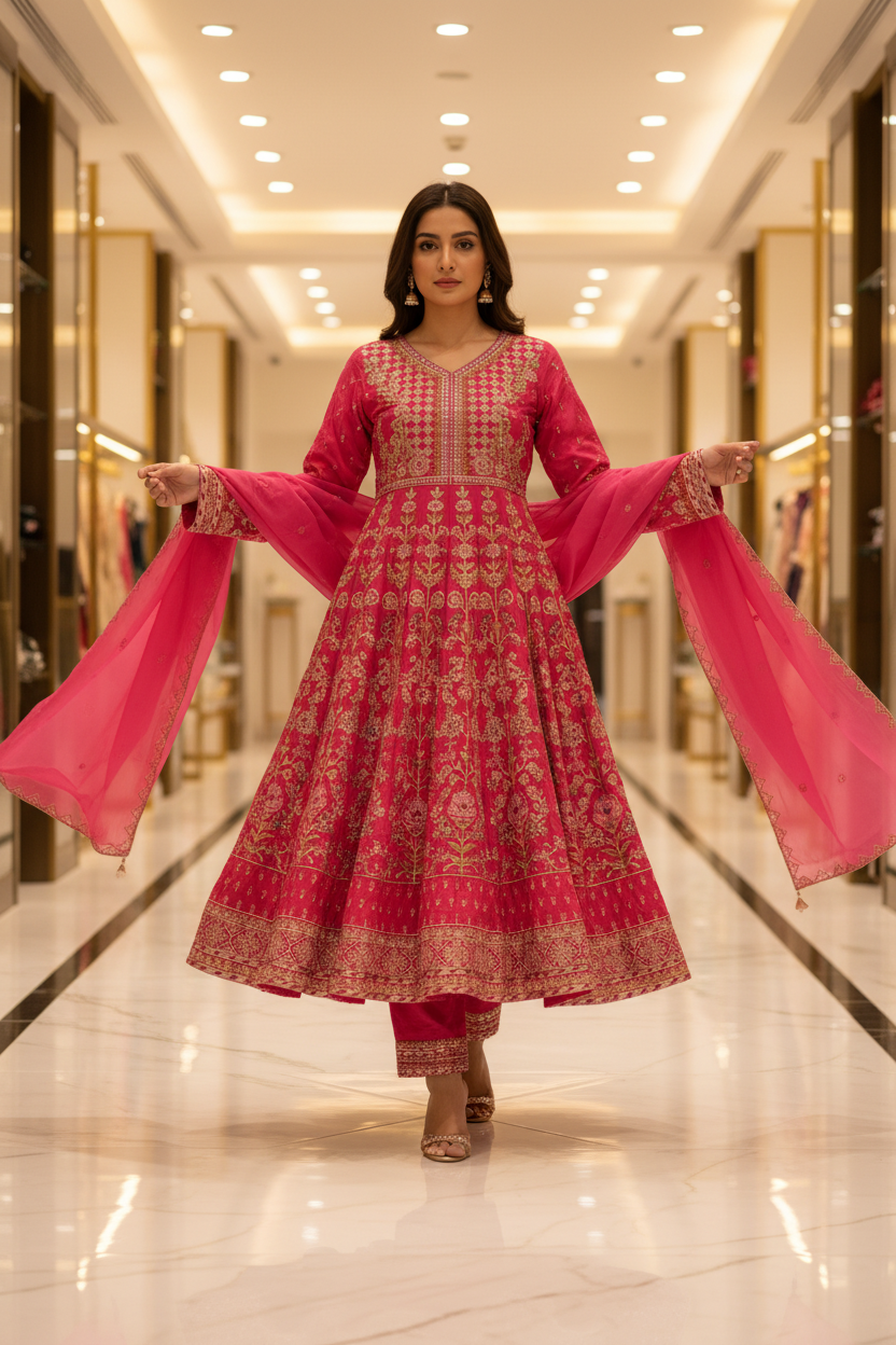 The ETHN Secret Garden: Fully Embroidered Linen Dress with Dupatta & Embroidered Hem Trousers – 4 Deep Rich Colourways | S to 8XL