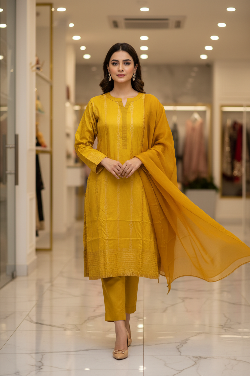 The Jacquard Affair: Textured Viscose Kameez with Chiffon Dupatta – Mustard & Olive