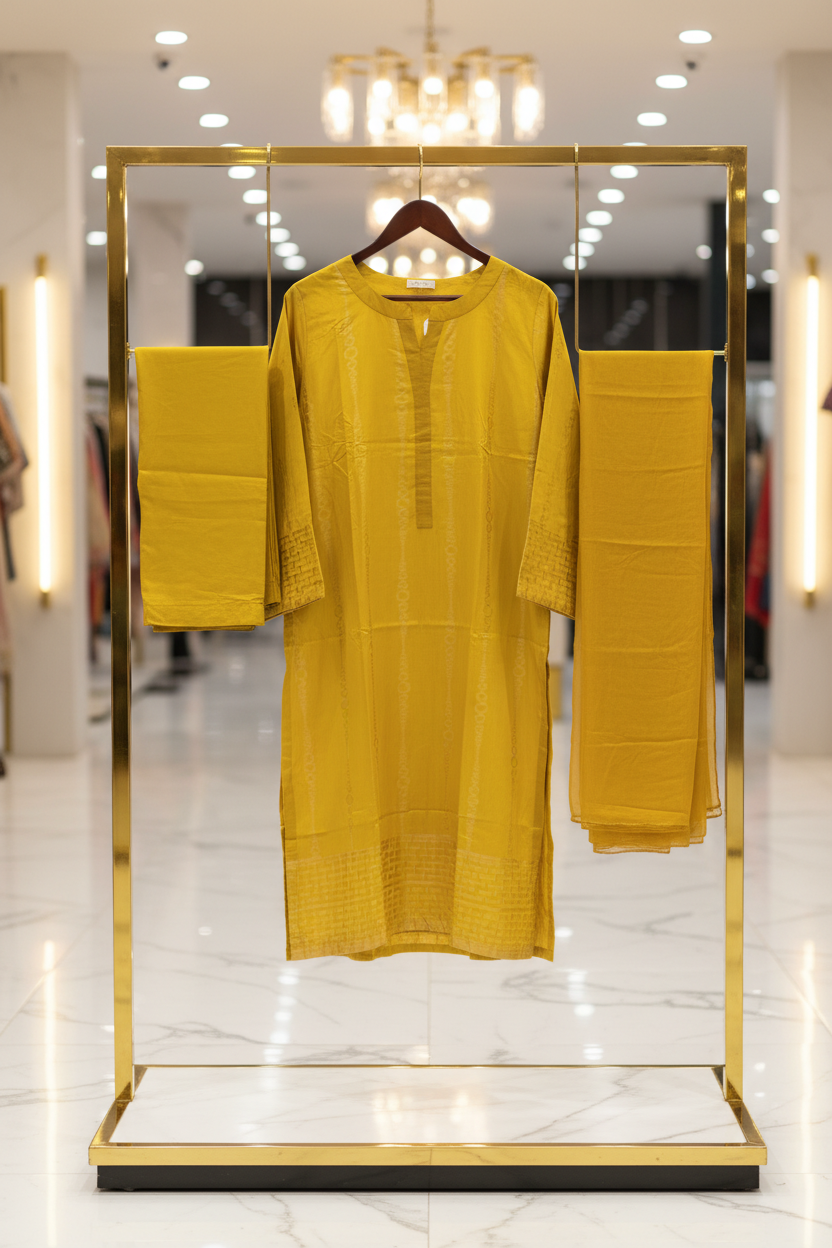 The Jacquard Affair: Textured Viscose Kameez with Chiffon Dupatta – Mustard & Olive