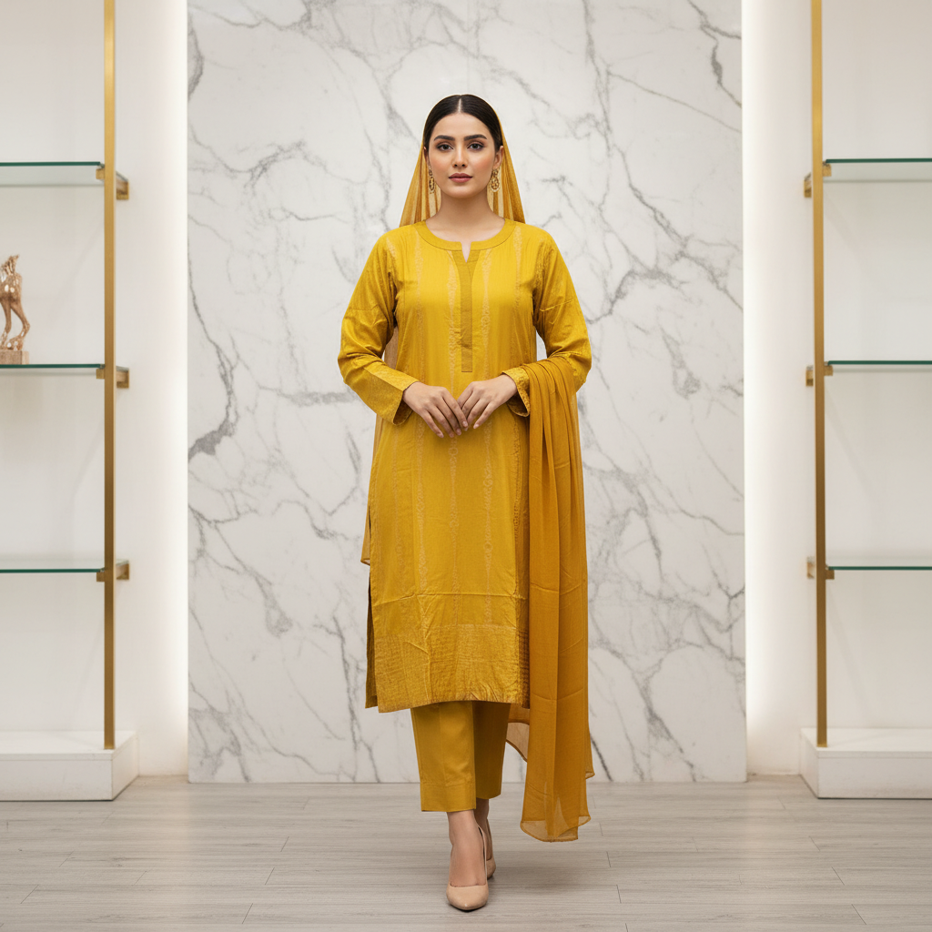 The Jacquard Affair: Textured Viscose Kameez with Chiffon Dupatta – Mustard & Olive