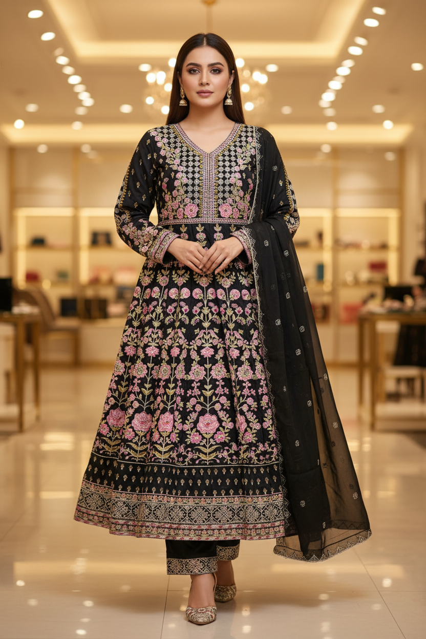 The ETHN Secret Garden: Fully Embroidered Linen Dress with Dupatta & Embroidered Hem Trousers – 4 Deep Rich Colourways | S to 8XL