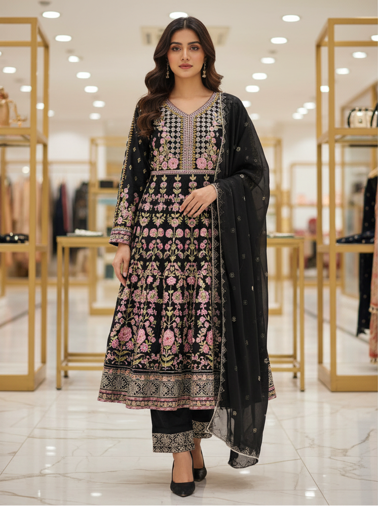 The ETHN Secret Garden: Fully Embroidered Linen Dress with Dupatta & Embroidered Hem Trousers – 4 Deep Rich Colourways | S to 8XL