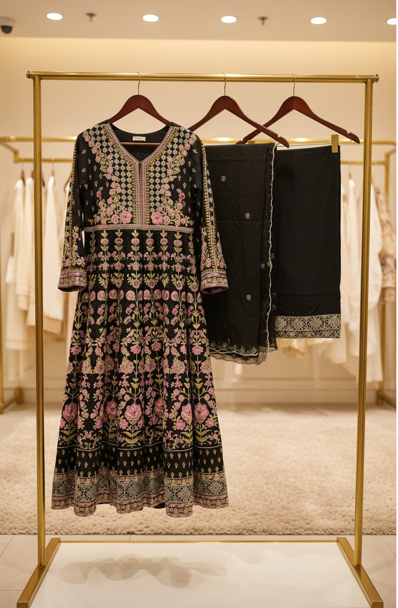 The ETHN Secret Garden: Fully Embroidered Linen Dress with Dupatta & Embroidered Hem Trousers – 4 Deep Rich Colourways | S to 8XL