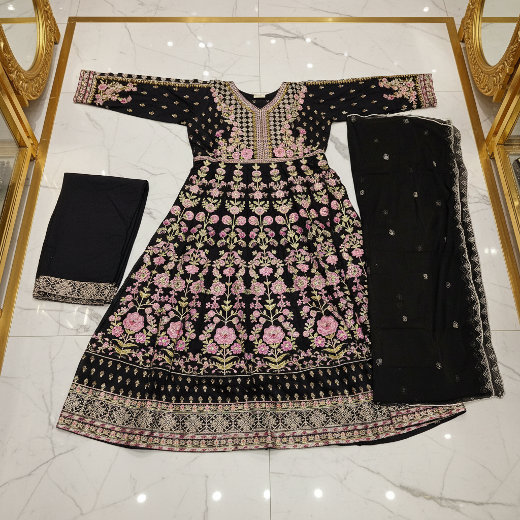The ETHN Secret Garden: Fully Embroidered Linen Dress with Dupatta & Embroidered Hem Trousers – 4 Deep Rich Colourways | S to 8XL