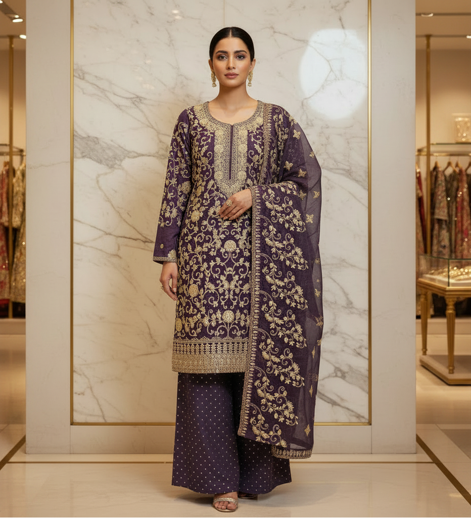 The Regal Stonework Ensemble: Heavy Zari & Stone Embroidered Shirt with Palazzo & Motif Dupatta – Deep Dusty Plum, Slate Grey, Mustard Yellow, Emerald Green, Dark Teal Blue & Lilac