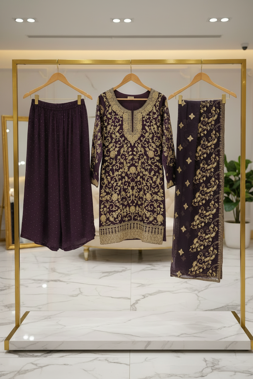The Regal Stonework Ensemble: Heavy Zari & Stone Embroidered Shirt with Palazzo & Motif Dupatta – Deep Dusty Plum, Slate Grey, Mustard Yellow, Emerald Green, Dark Teal Blue & Lilac