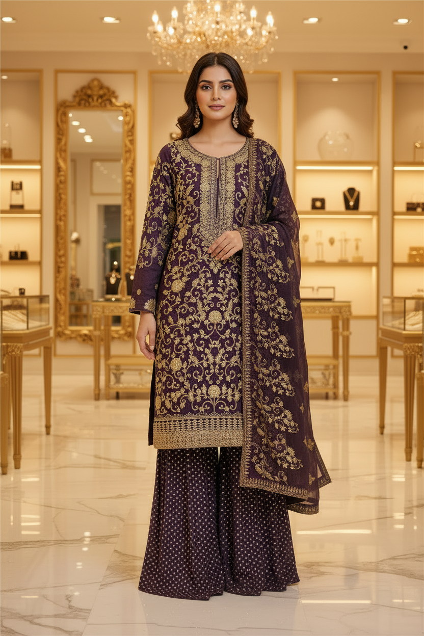 The Regal Stonework Ensemble: Heavy Zari & Stone Embroidered Shirt with Palazzo & Motif Dupatta – Deep Dusty Plum, Slate Grey, Mustard Yellow, Emerald Green, Dark Teal Blue & Lilac