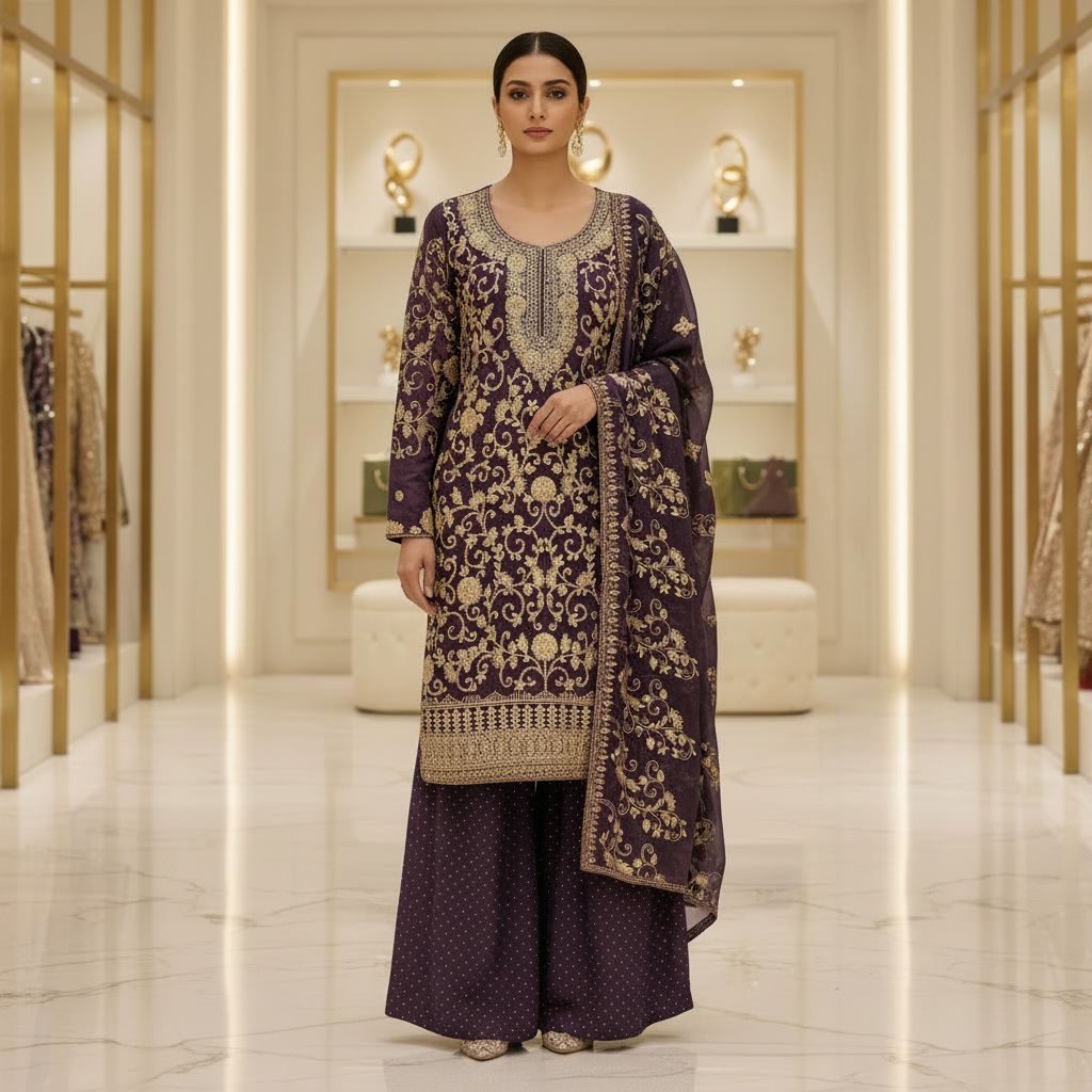 The Regal Stonework Ensemble: Heavy Zari & Stone Embroidered Shirt with Palazzo & Motif Dupatta – Deep Dusty Plum, Slate Grey, Mustard Yellow, Emerald Green, Dark Teal Blue & Lilac