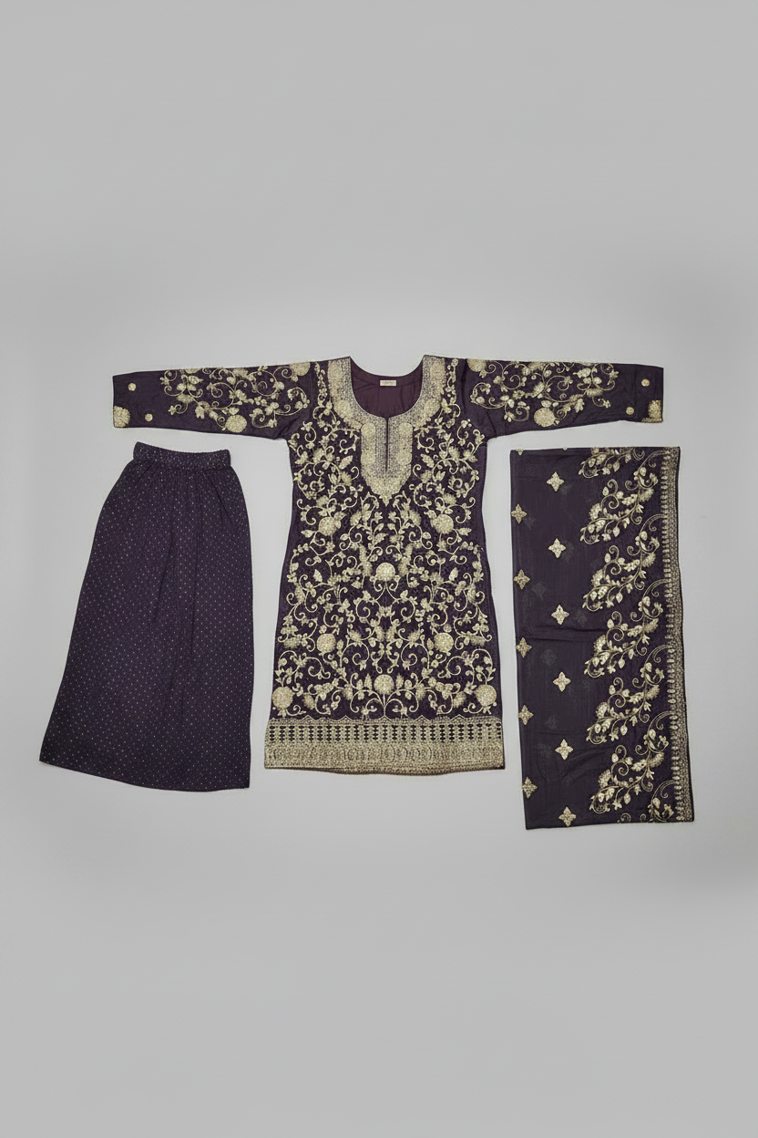 The Regal Stonework Ensemble: Heavy Zari & Stone Embroidered Shirt with Palazzo & Motif Dupatta – Deep Dusty Plum, Slate Grey, Mustard Yellow, Emerald Green, Dark Teal Blue & Lilac